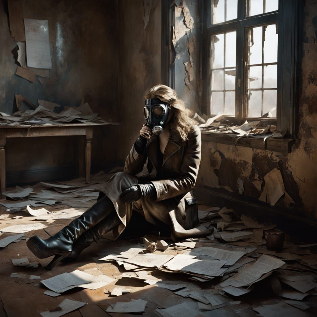 Woman in WWI Mask Amid Battlefield Ruins
