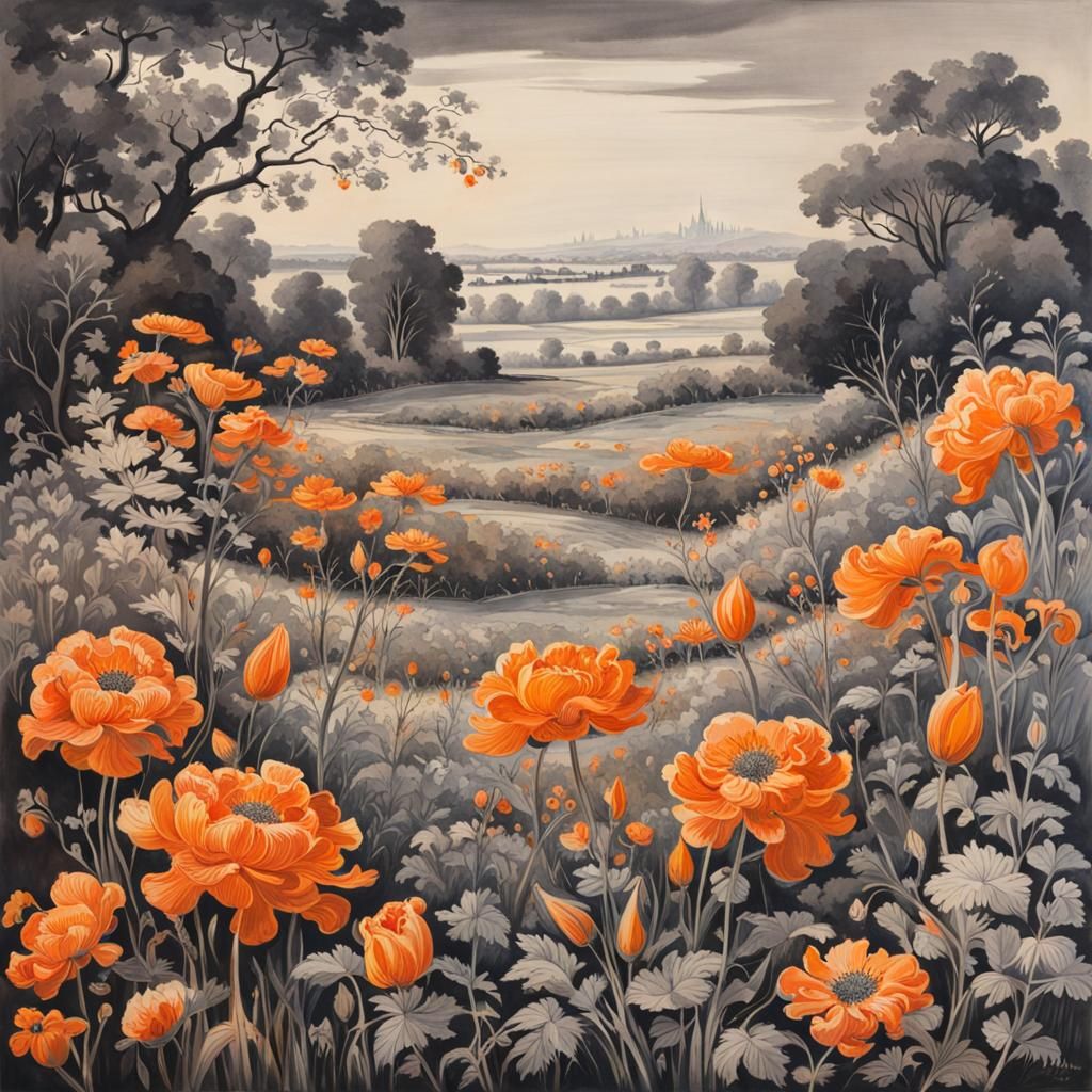 Grey and Orange Flower Meadow: Ink Wash Study