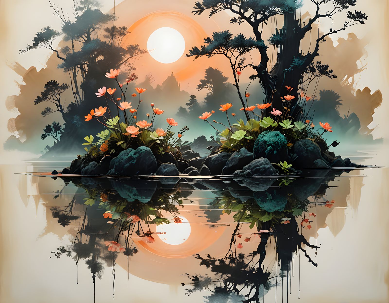 Bioluminescent Ikebana in Sumi-e Style with Neon Hues