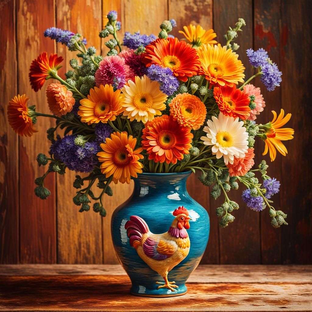 Chicken Vase Still Life in Impasto Style