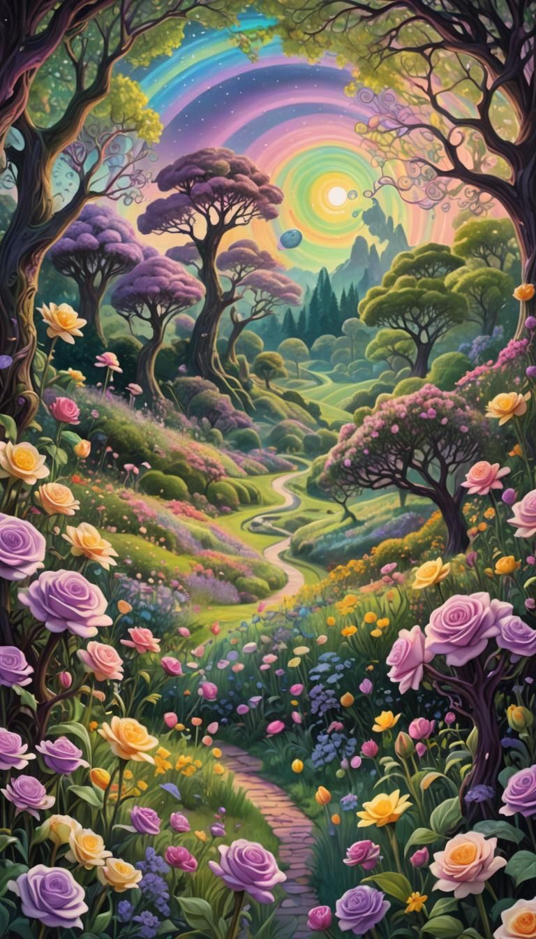 Mystical Garden with Psychedelic Rainbow: Impressionistic Di...