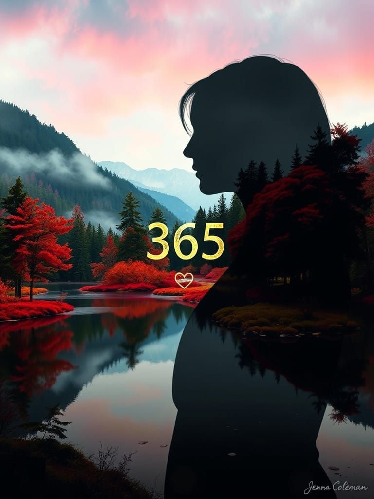 Red and Green Forest Dreamscape with Black Silhouette