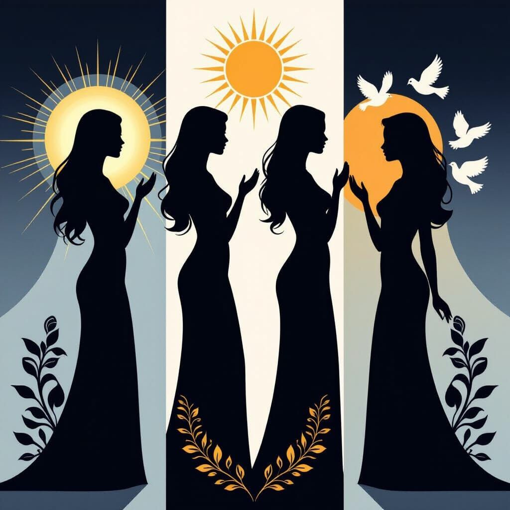 Three Female Silhouettes with Symbolic Accents