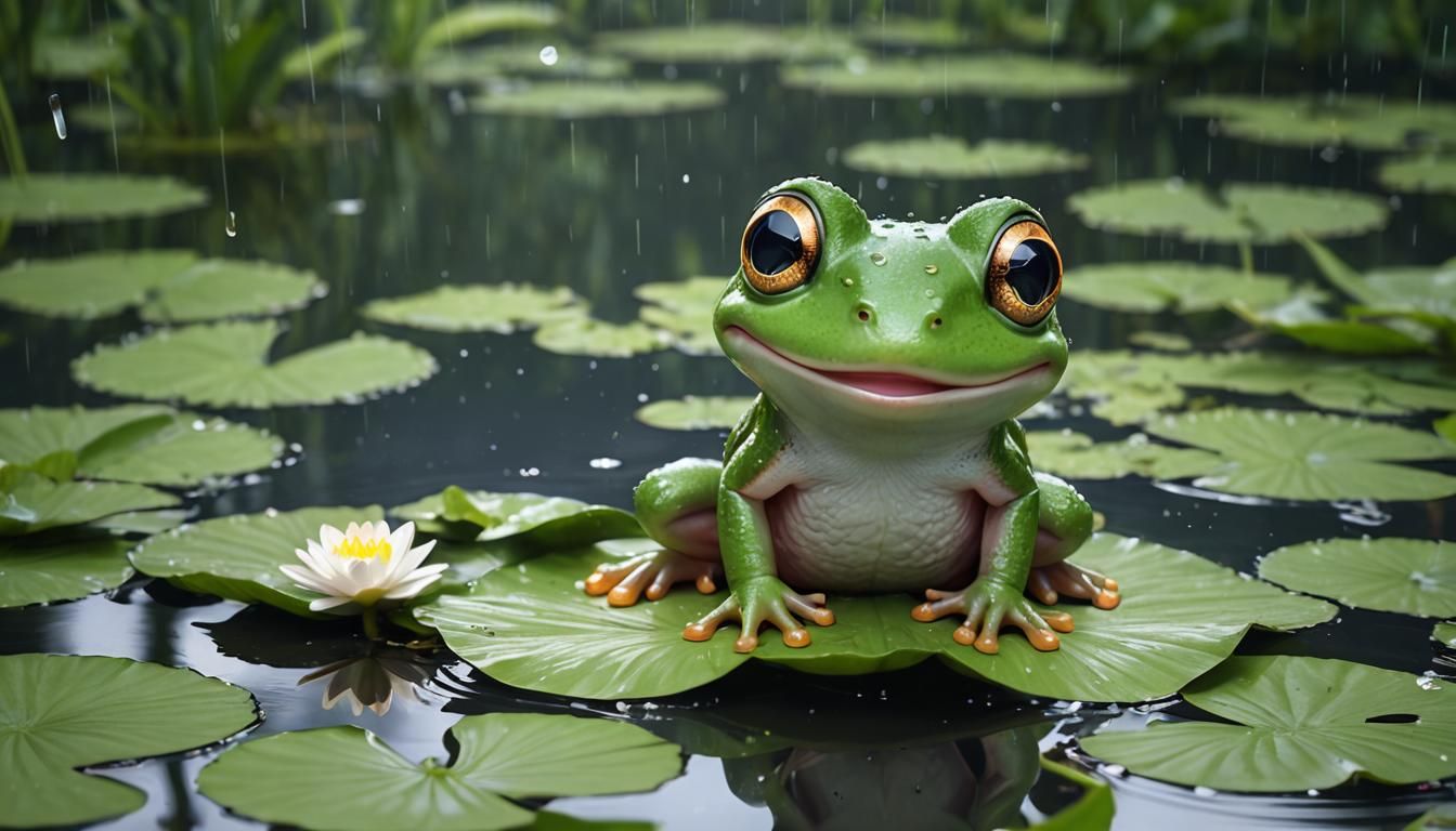 Chibi Frog on Lily Pad in Anime Style