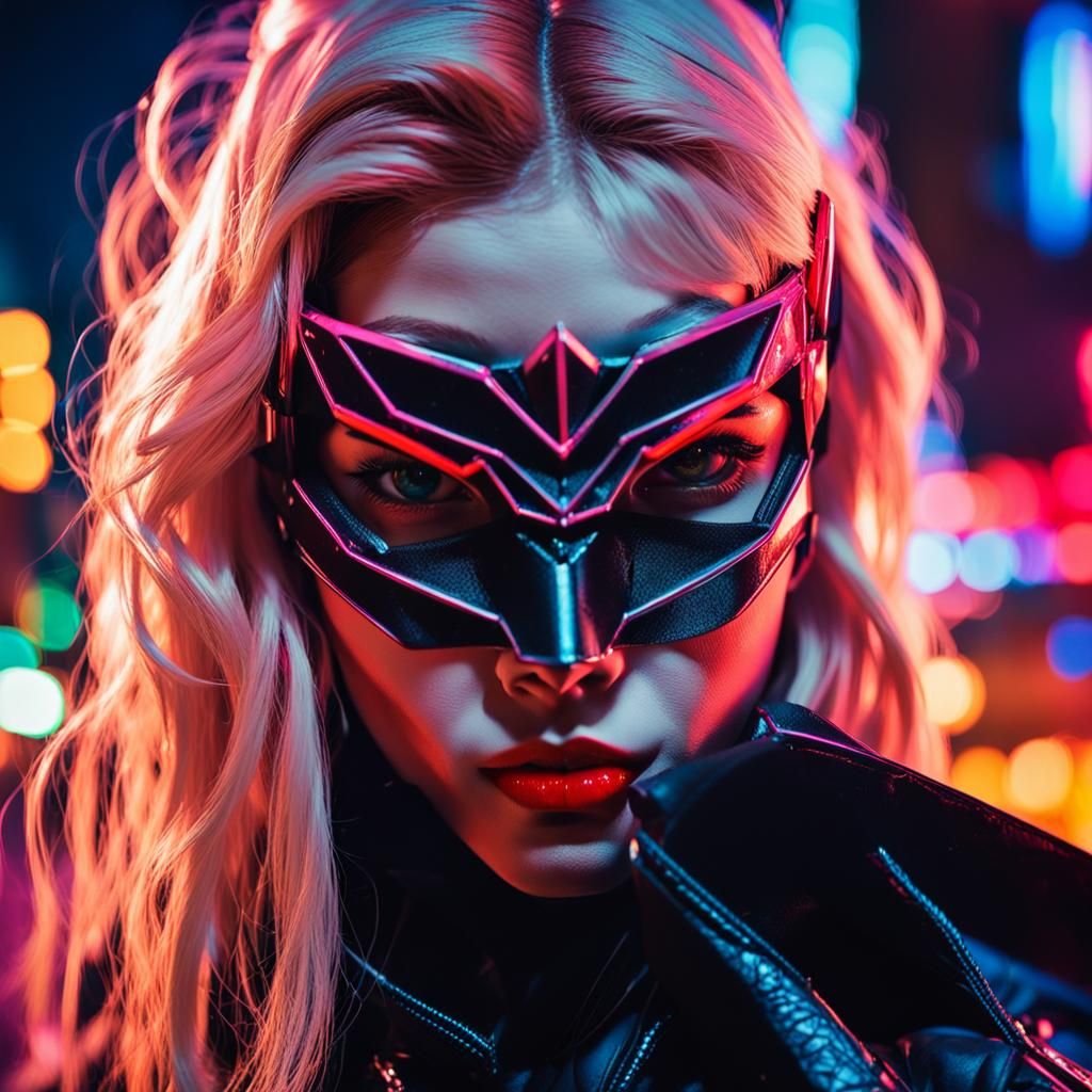 Cyberpunk Batgirl Portrait in Neon Cityscape