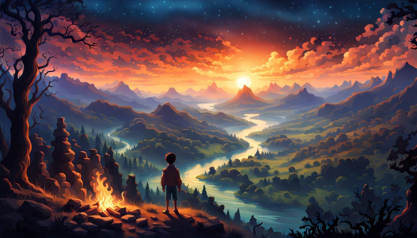 Ethereal Valley Silhouette Under Vast Night Sky