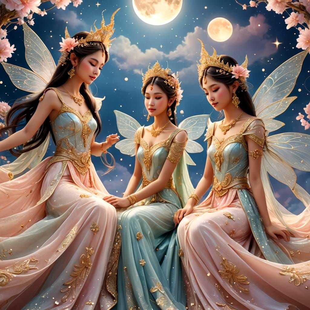 Ethereal Thai Fairies Floating Among Stars