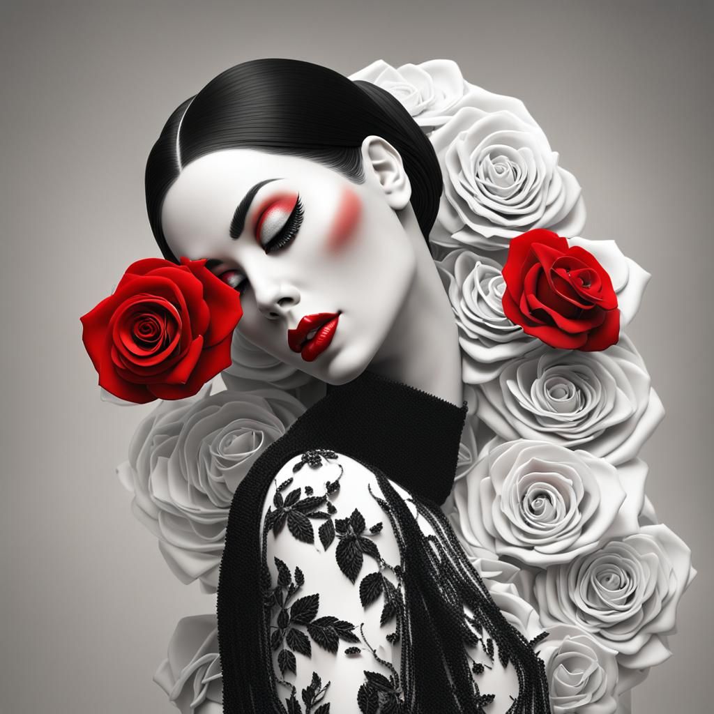 Glamorous 3D Portrait with Red Roses and Bold Lips