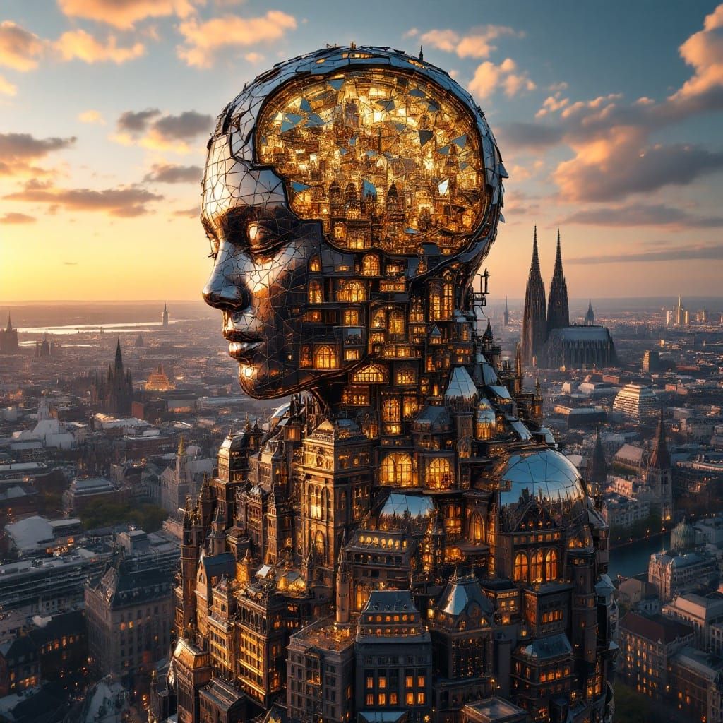 Surrealistic Metropolis Metal Sculpture with Mirrored Citysc...