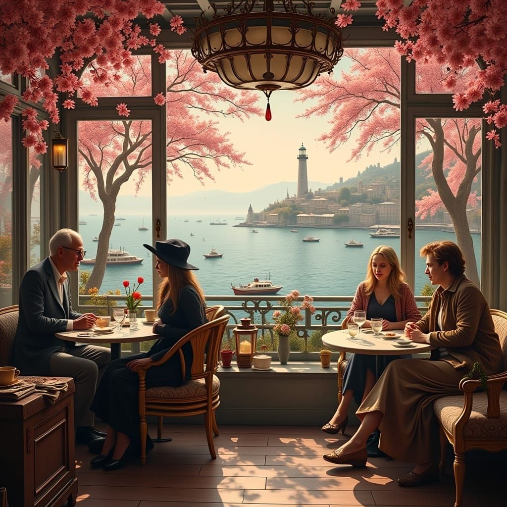 Romantic Cafe with Lighthouse View: Mural Painting