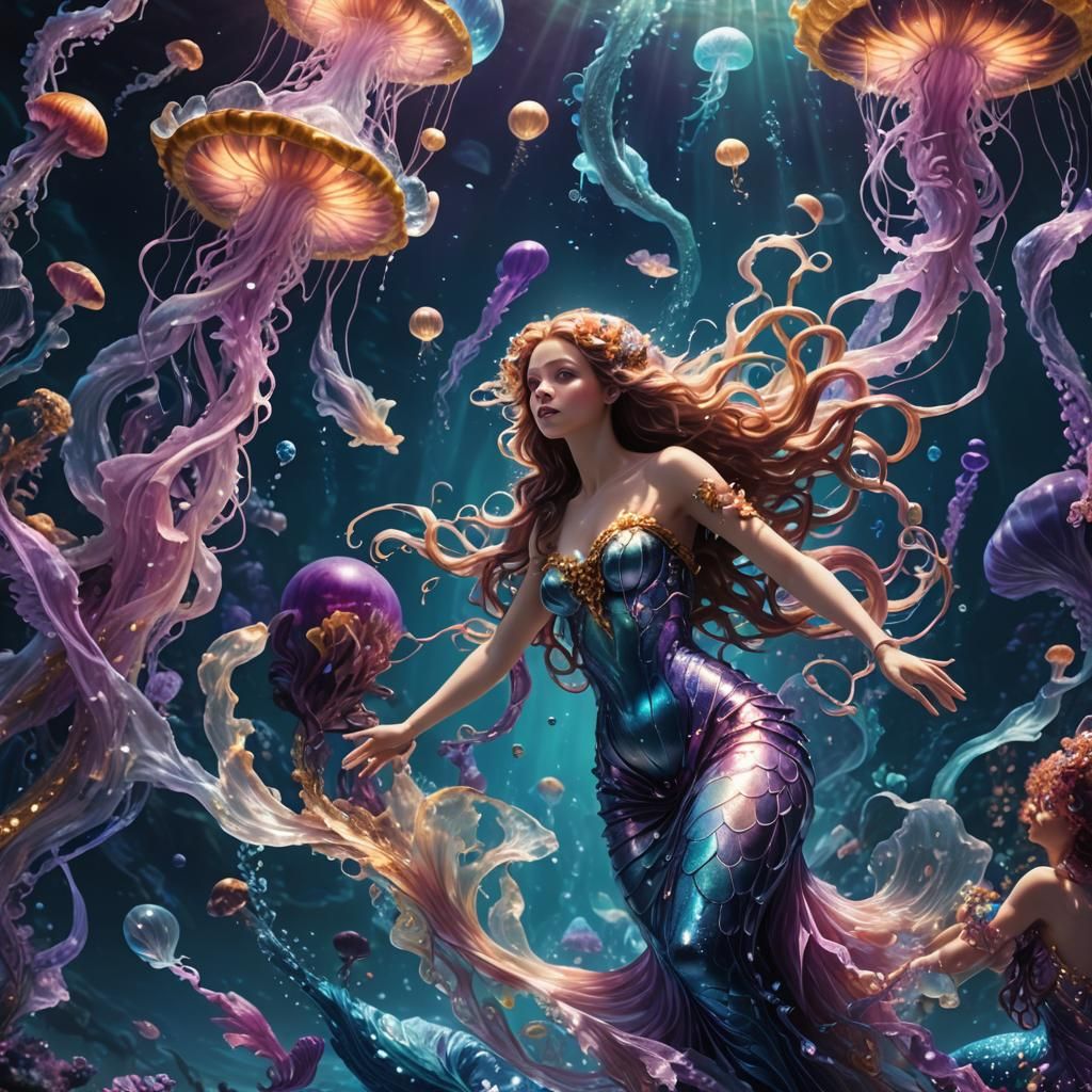 Synthetic Mermaids Swim Neptune's Icy Waters in Art Nouveau