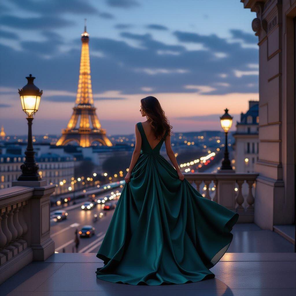 Woman in Emerald Gown on Paris Balcony at Dusk