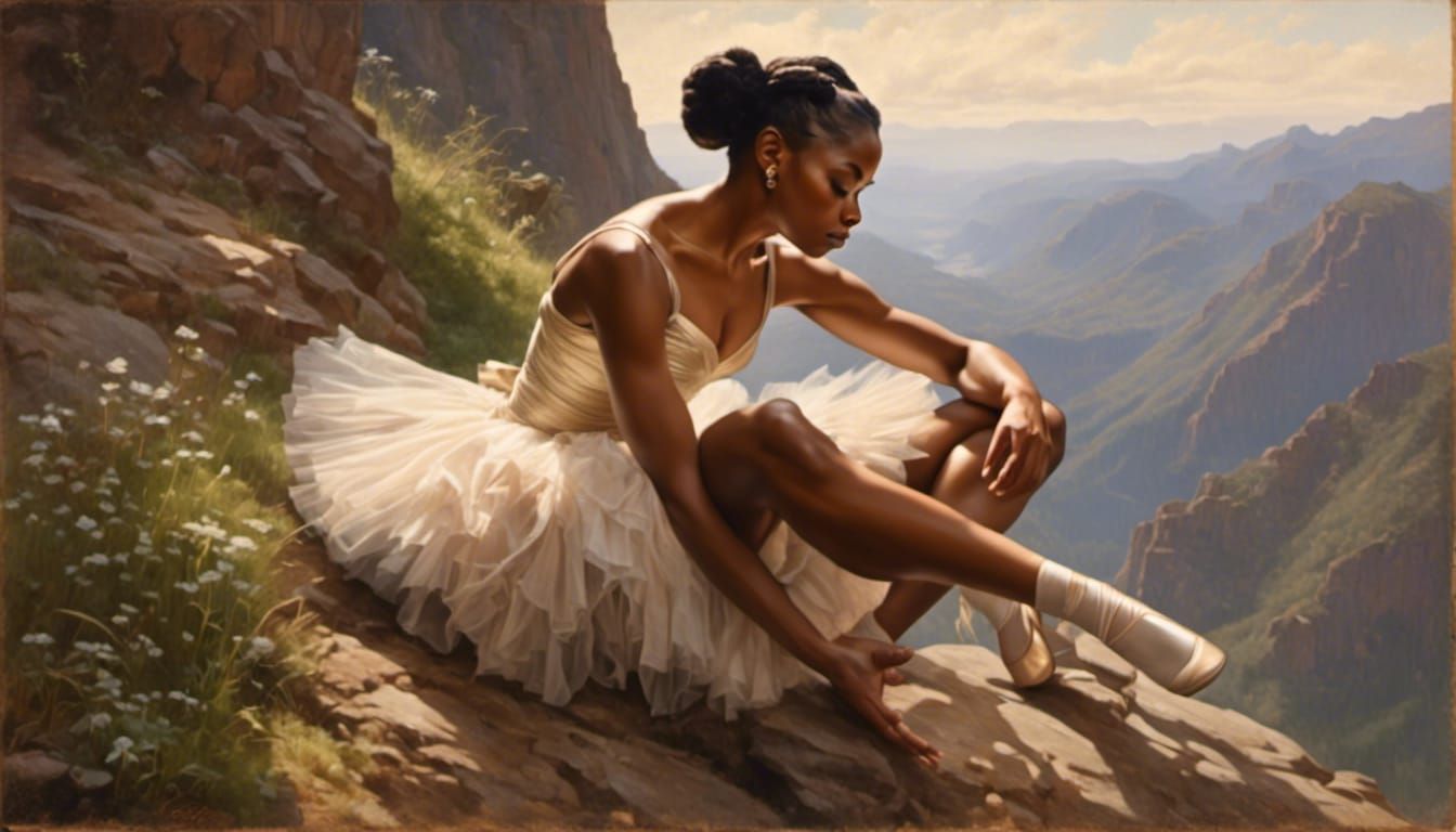Ballerina Tying Shoes Atop Mountain, Classical Realism