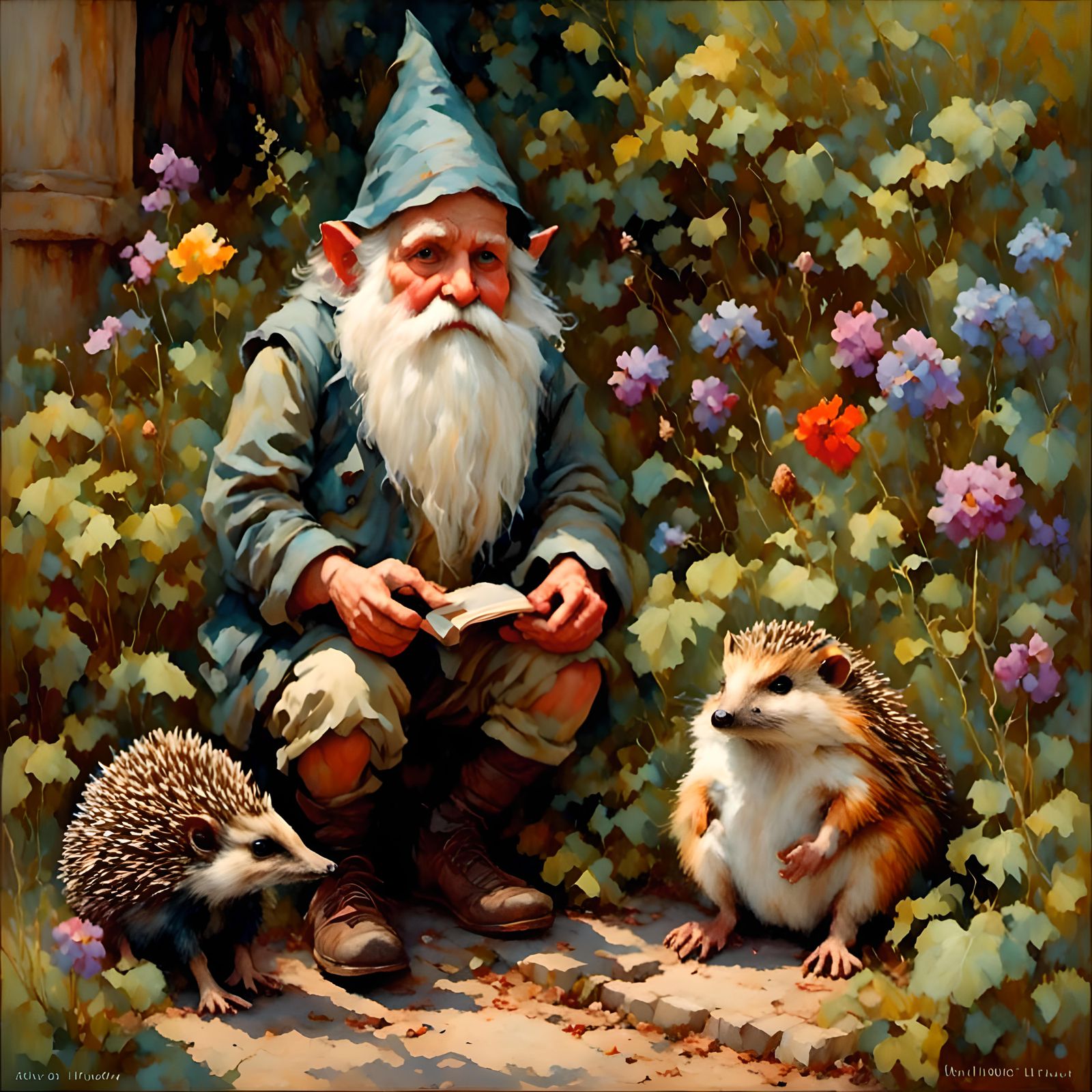 Gnome and hedgehog <lora:EnigmaticGarden2:1.0>