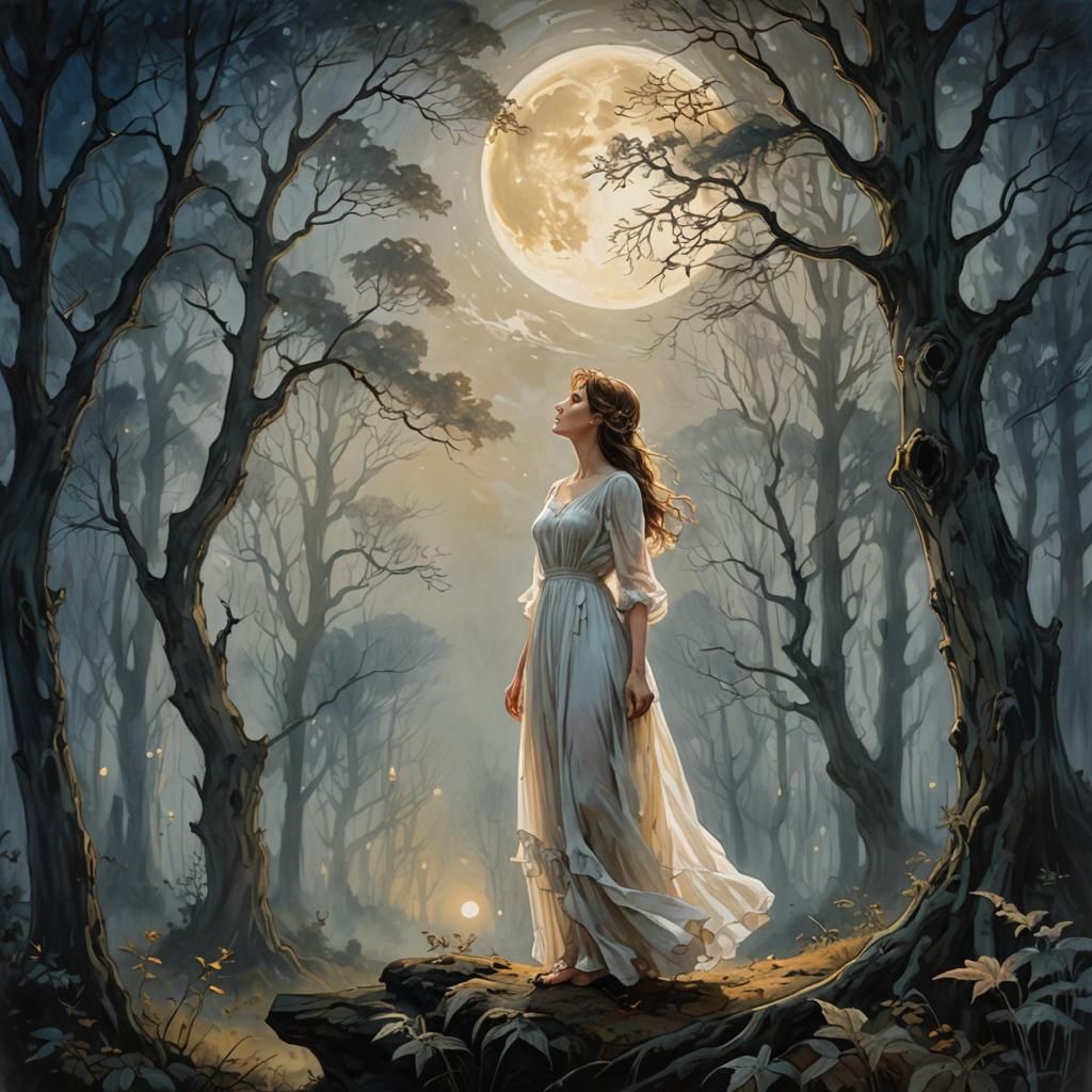 Ethereal Woman Gazing at Moon: Dreamlike Oil Painting