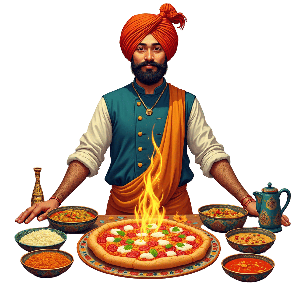 Punjabi Chef with Thalis and Pizza on Table