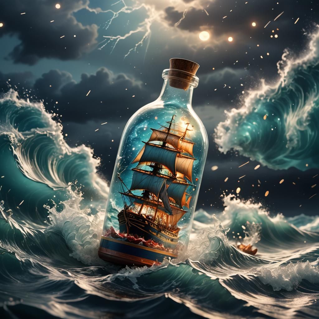 Ship Battles Stormy Sea in Bottle: 3D Diorama