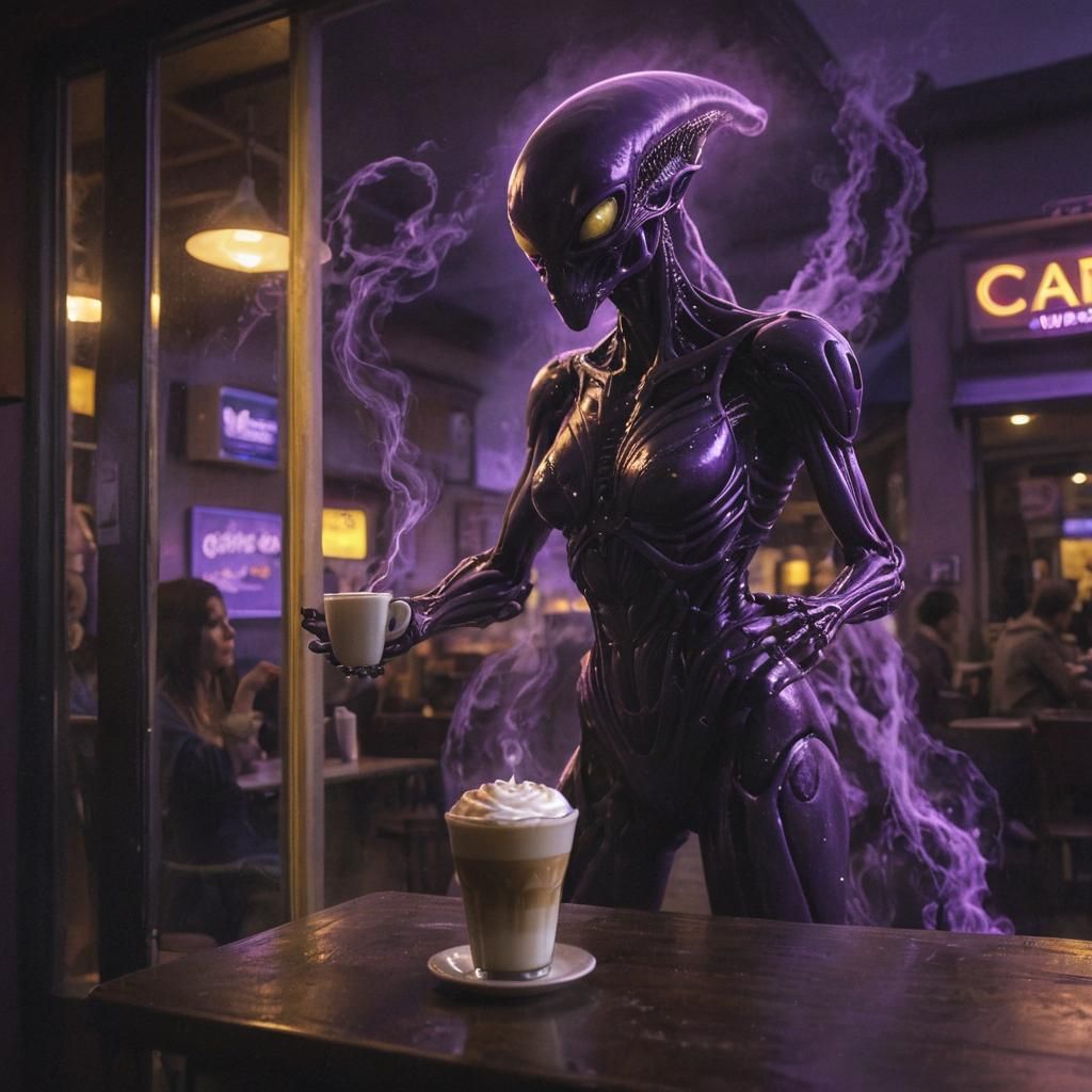 Alien Offers Cosmic Coffee in Neon Cityscape