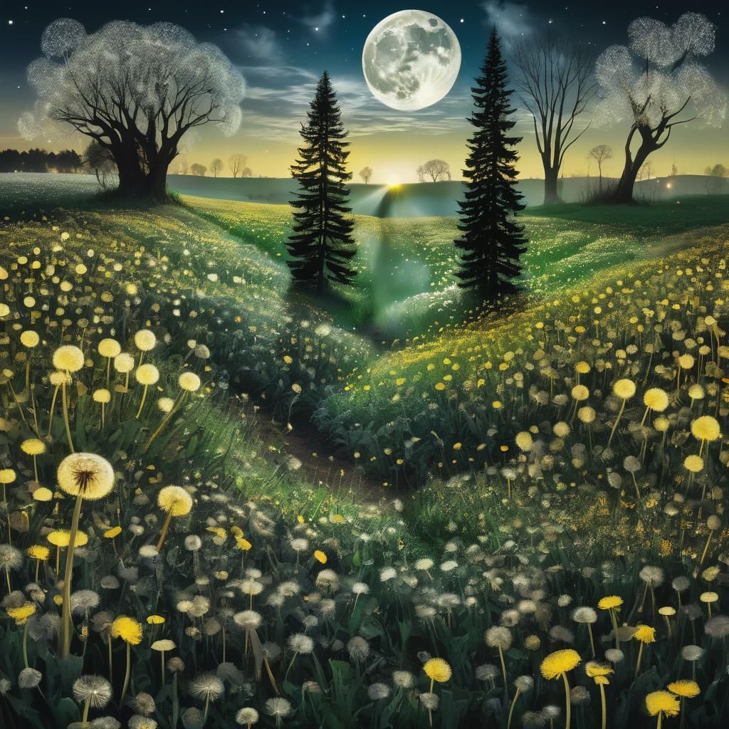 Moonlit Dandelion Field in Ethereal Silvery-Blue Glow