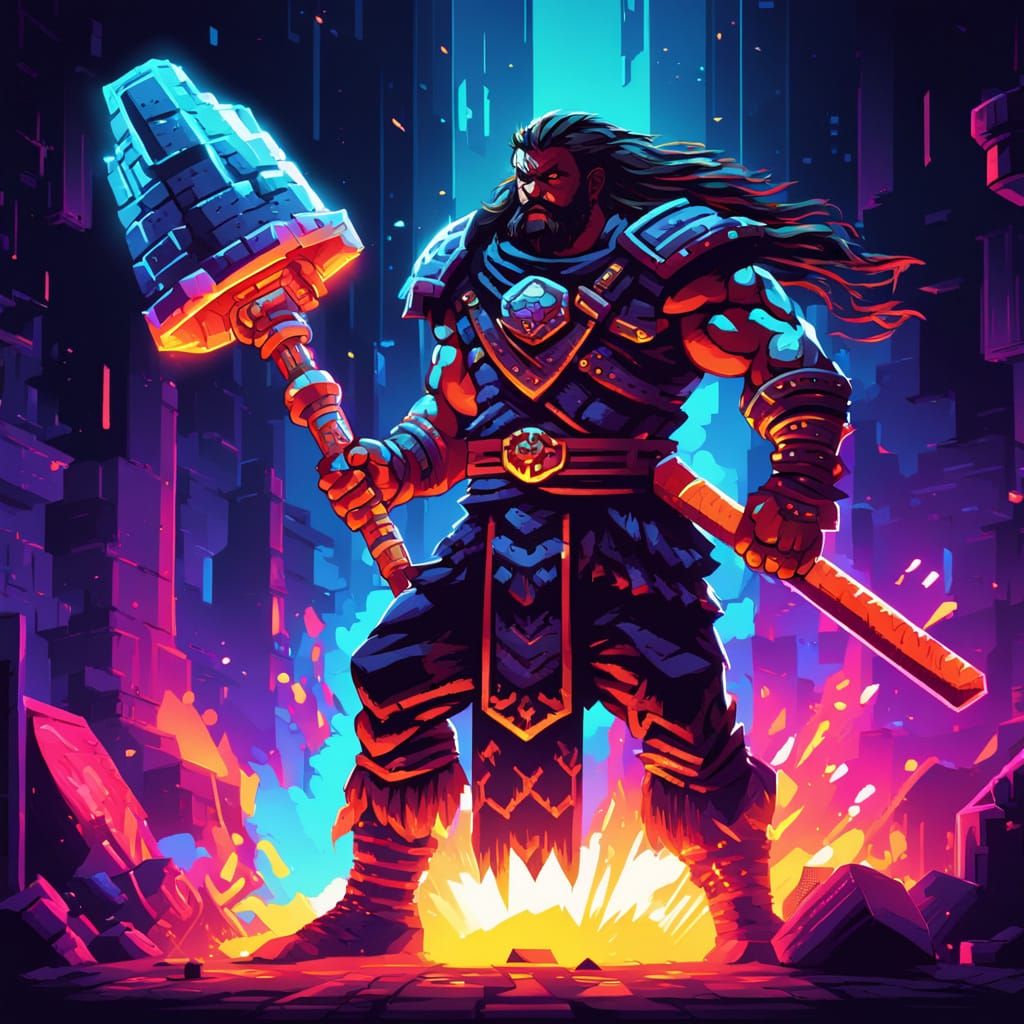 Vibrant Pixel Art Warrior in Neon Armor