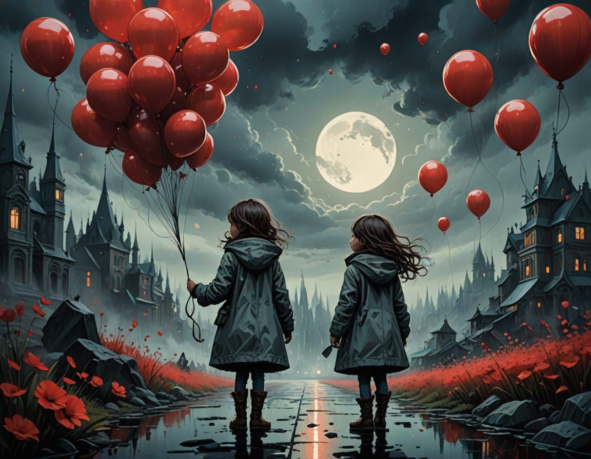 Girl with Red Balloon in Art Nouveau Style