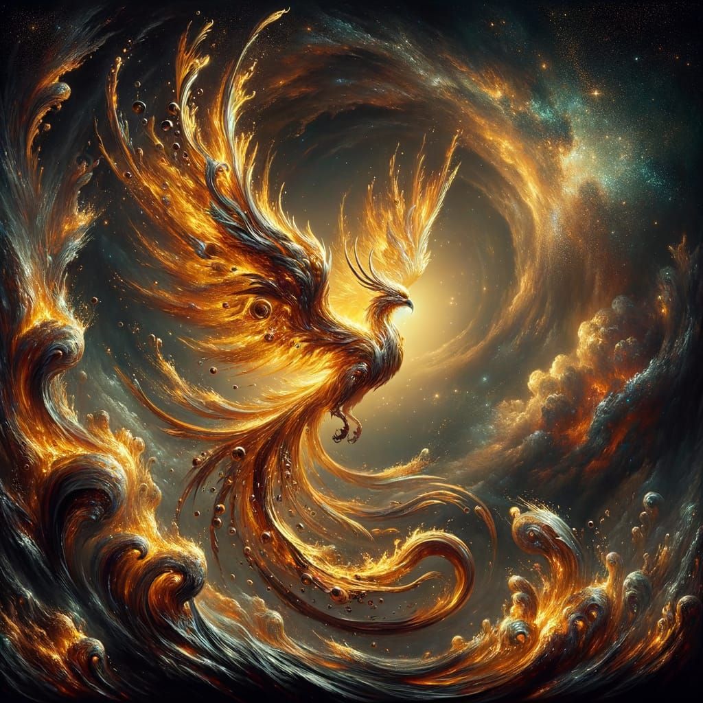 Majestic Phoenix Rises From Molten Gold Vortex