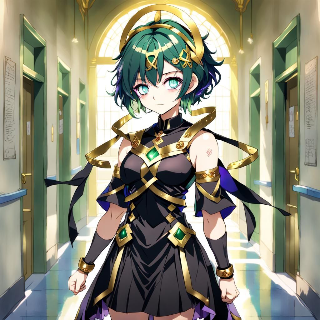 Muscular Girl with Halo in Magical School