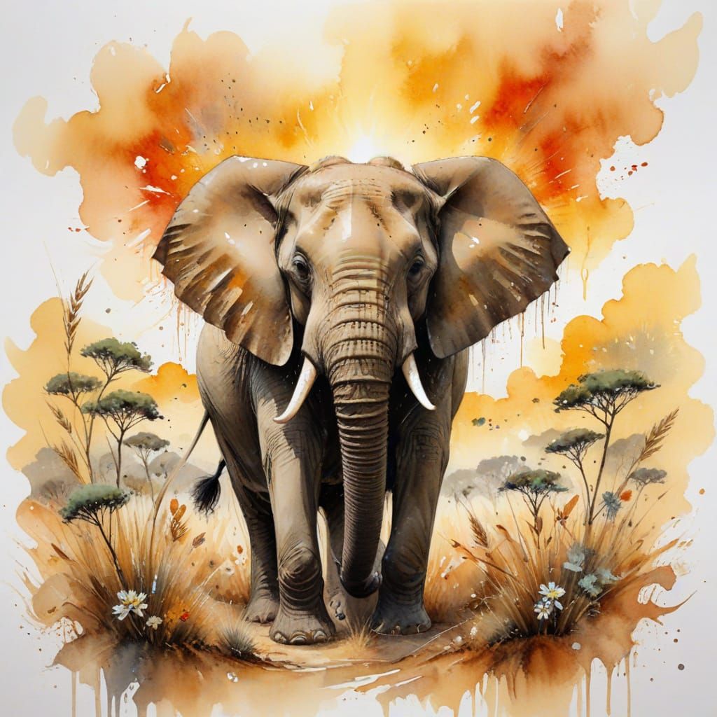 Elephant in Golden Savannah: Watercolor and Ink Art