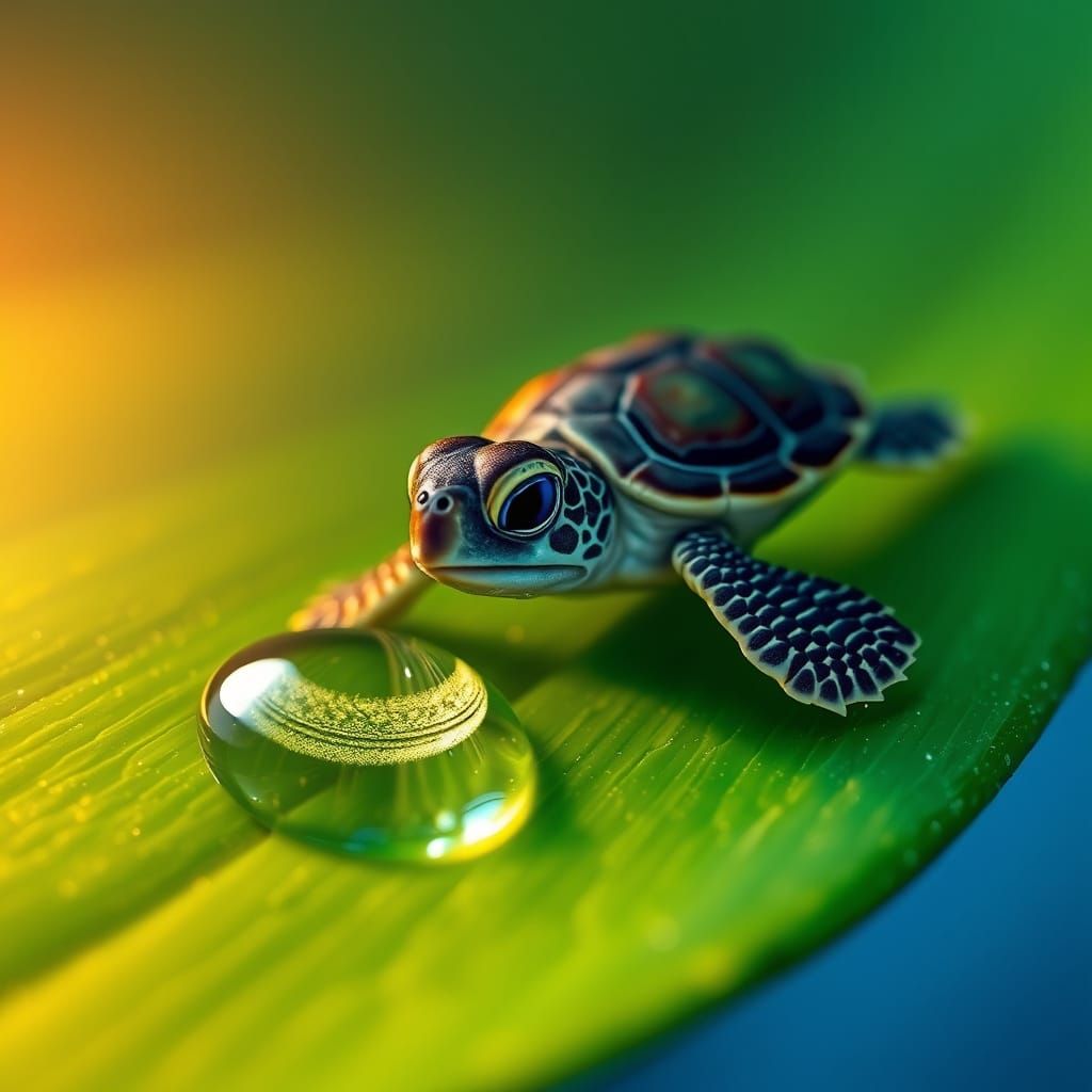 Hyper-Realistic Digital Art of a Tiny Sea Turtle in a Dew Dr...