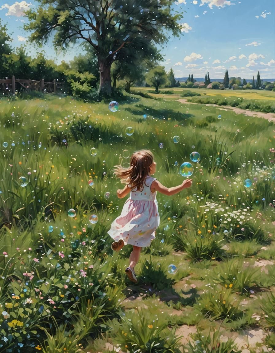 Little Girl Chasing Bubbles in Impressionist Oil Painting