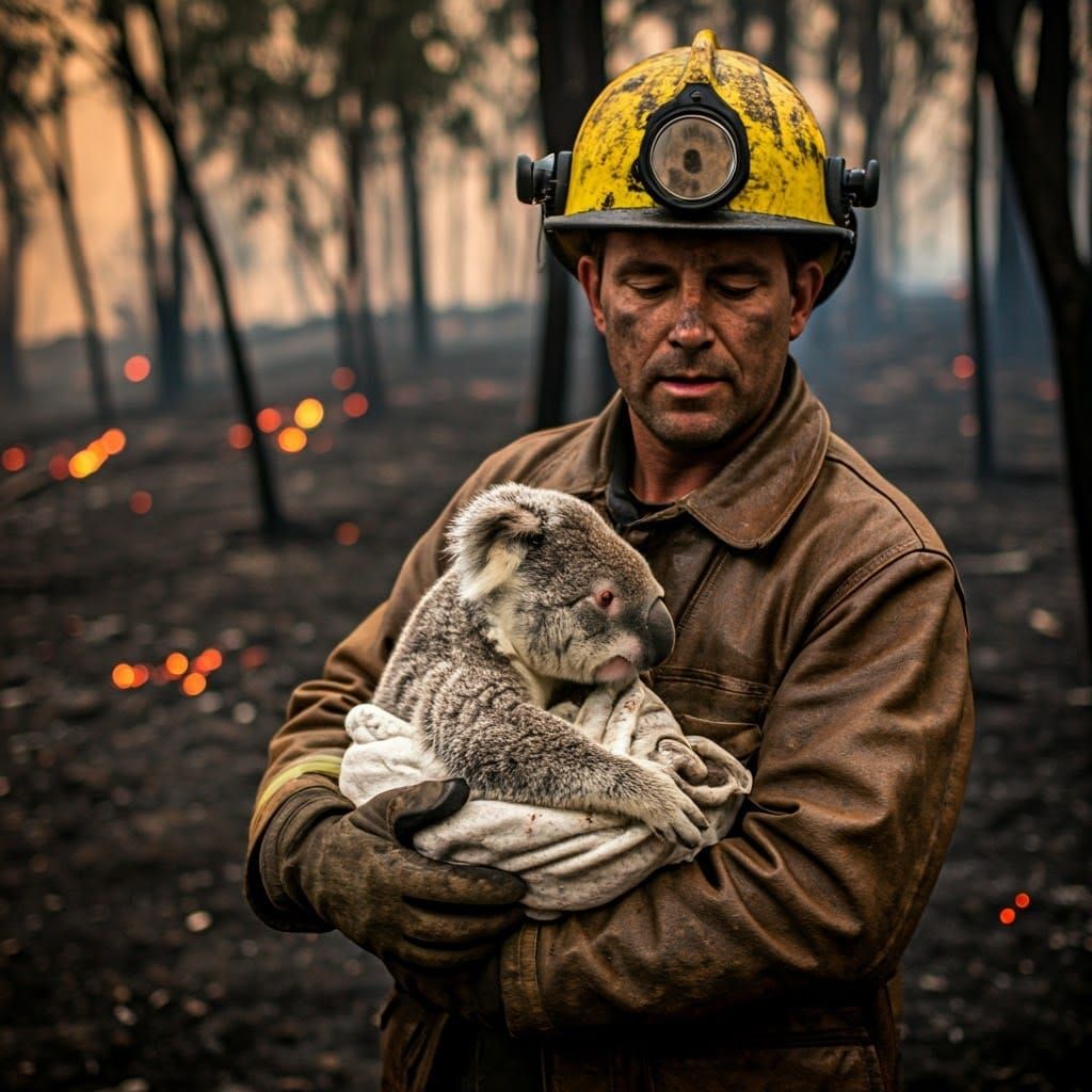 Fireman Rescues Koala in Bushfire Landscape