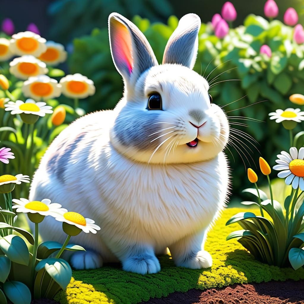 Happy Bunny Sunning in Flower Garden