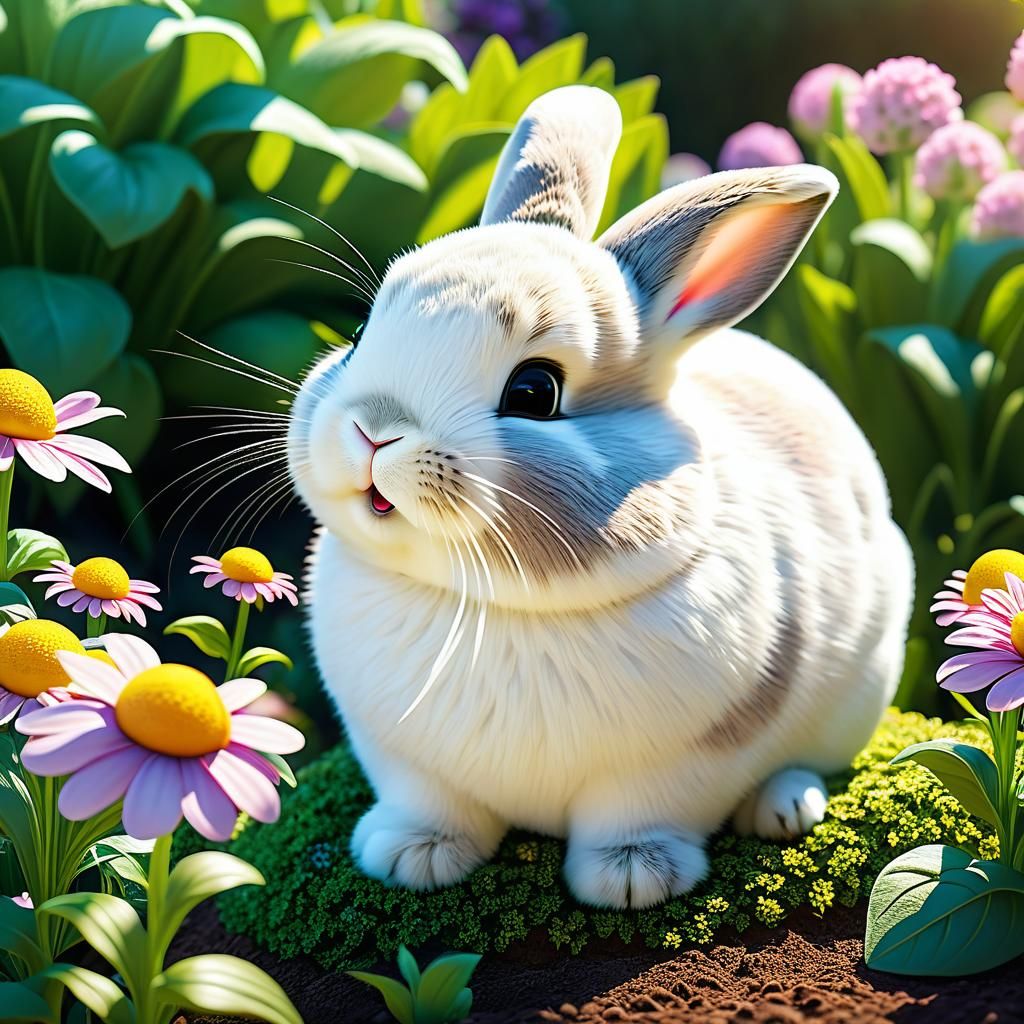 Happy Bunny Sunning in Flower Garden