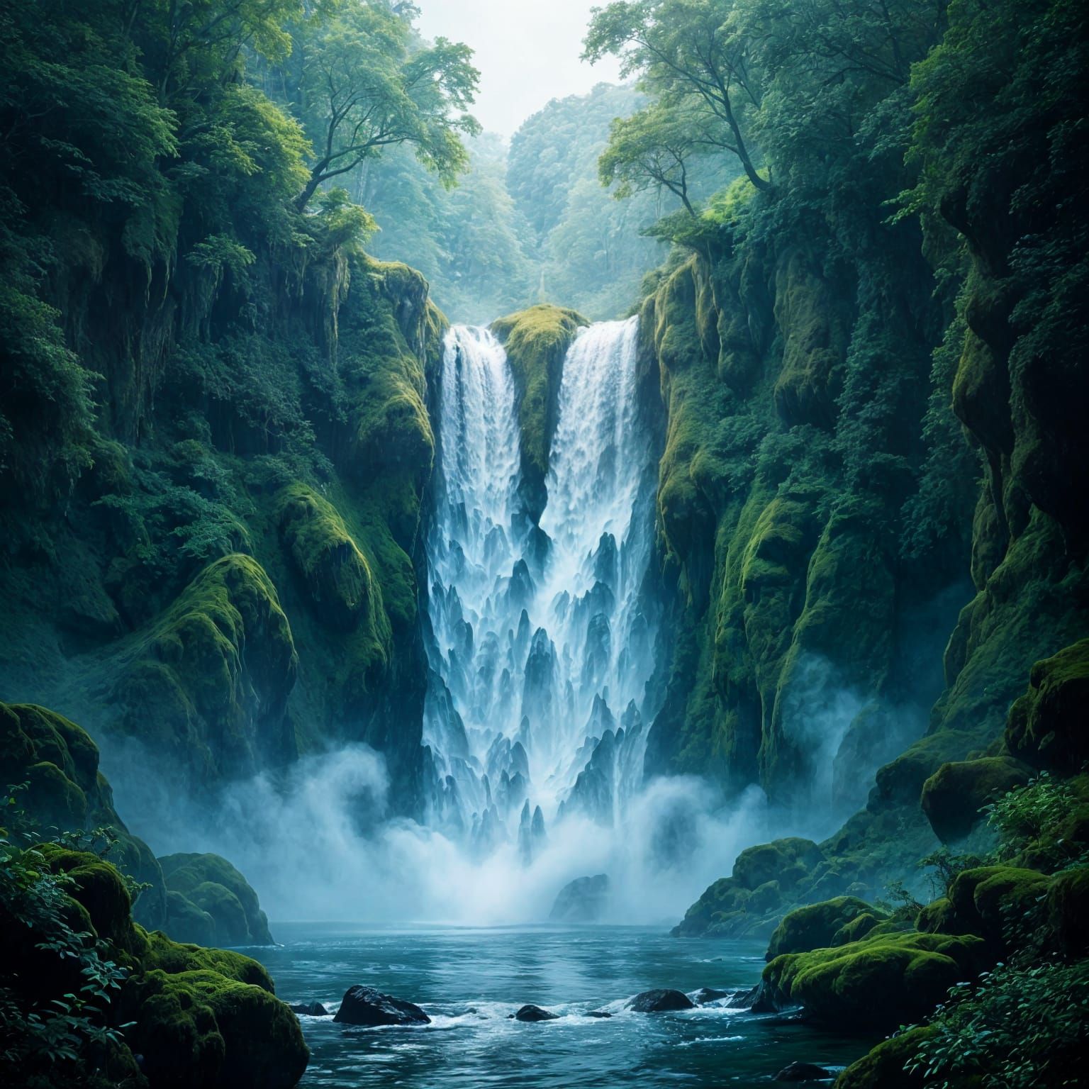 Emerald Forest Waterfall: Cinematic Hyperrealistic Fantasy