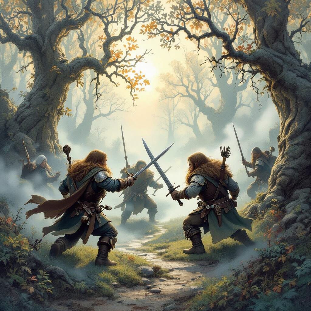 Hobbits and Orcs Clash in Misty Forest, Fantasy Art