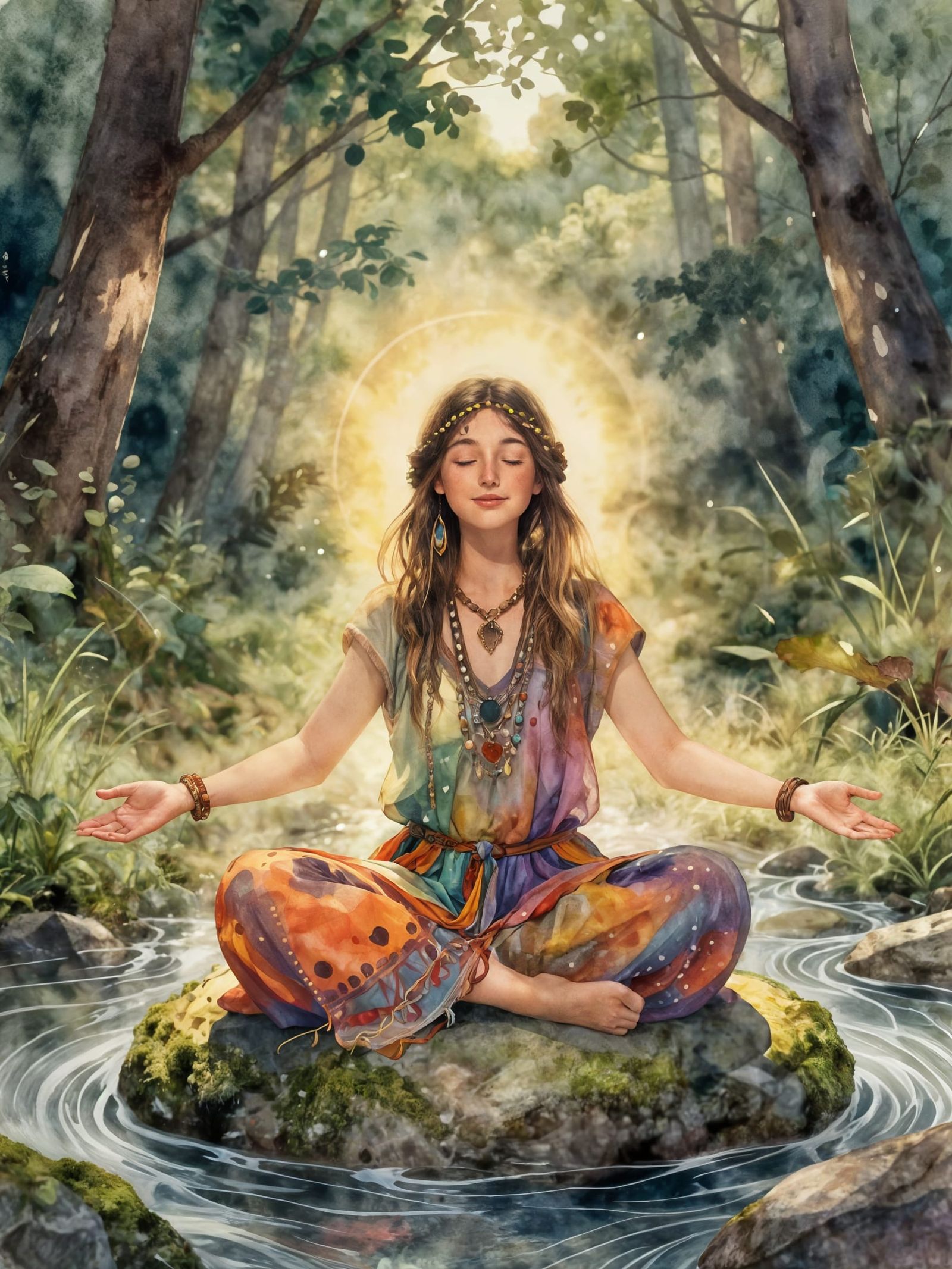 Woman Meditating in Golden Light Watercolor Style