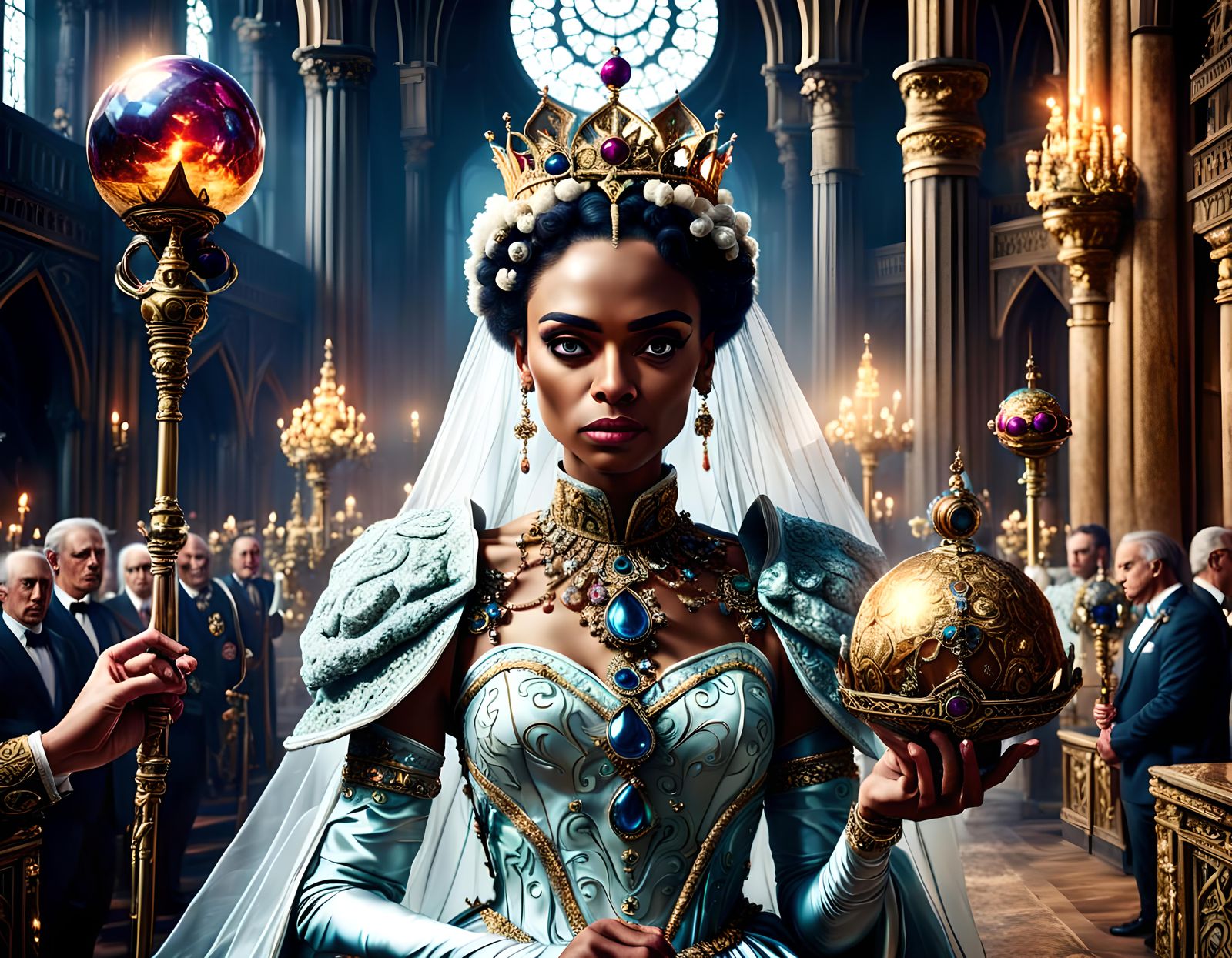 Bored Young Queen in Intricate Wedding Dress