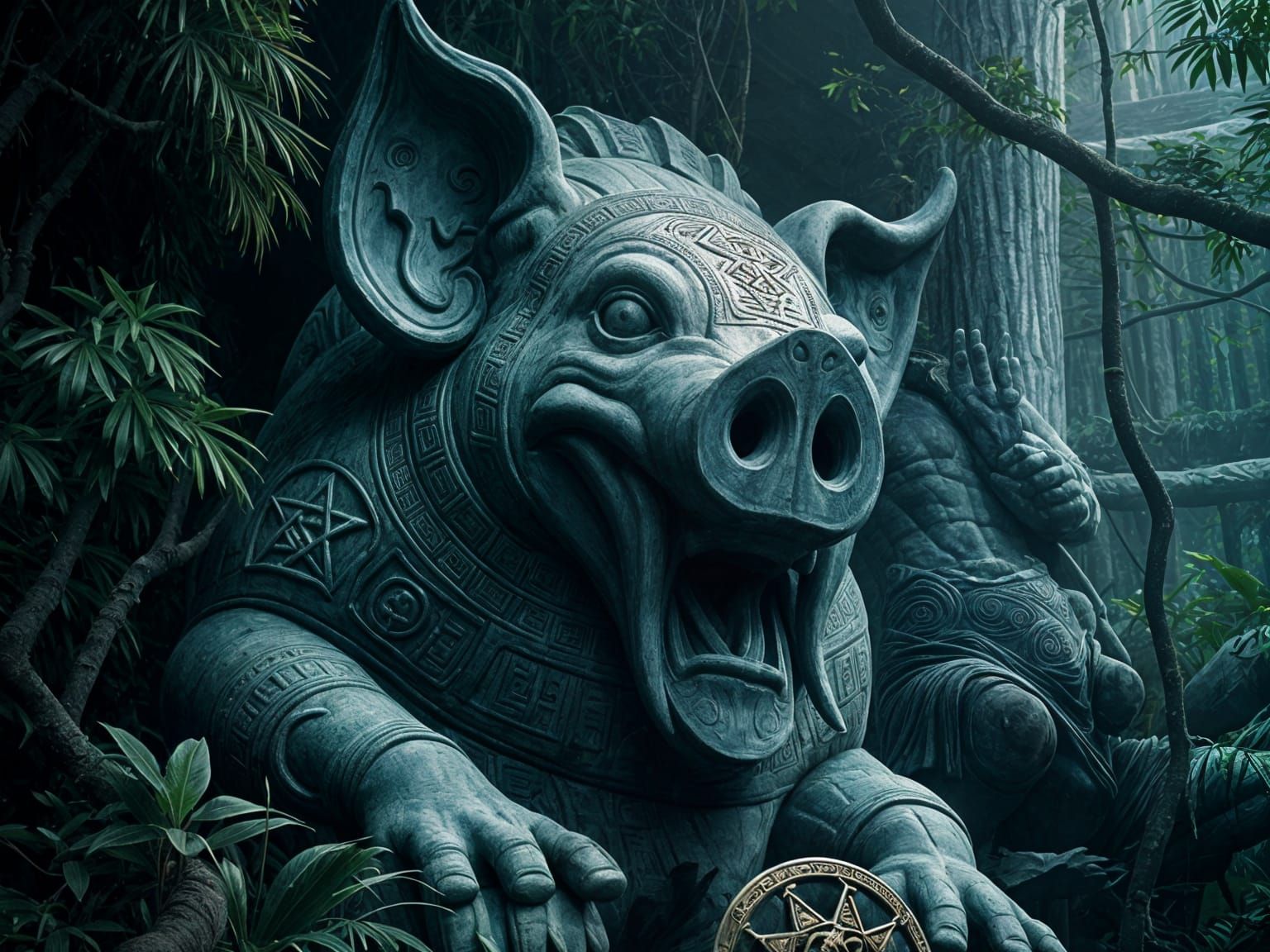 Jungle Pig God Statue with Ancient Runes