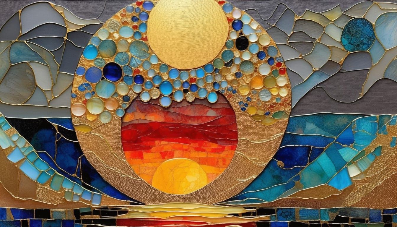 Vibrant Sunset with Kintsugi Mosaic in Thick Impasto Style