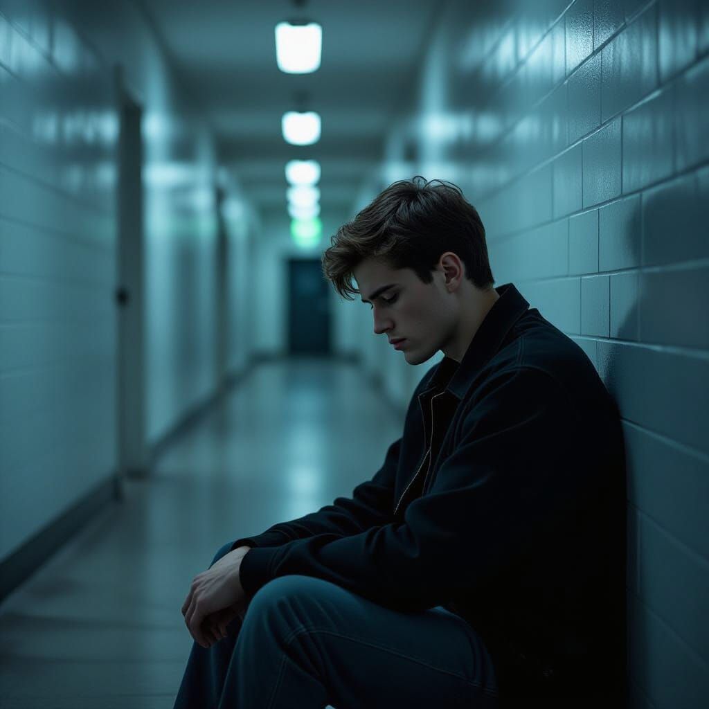 Man Lost in Thought in Dim Urban Hallway