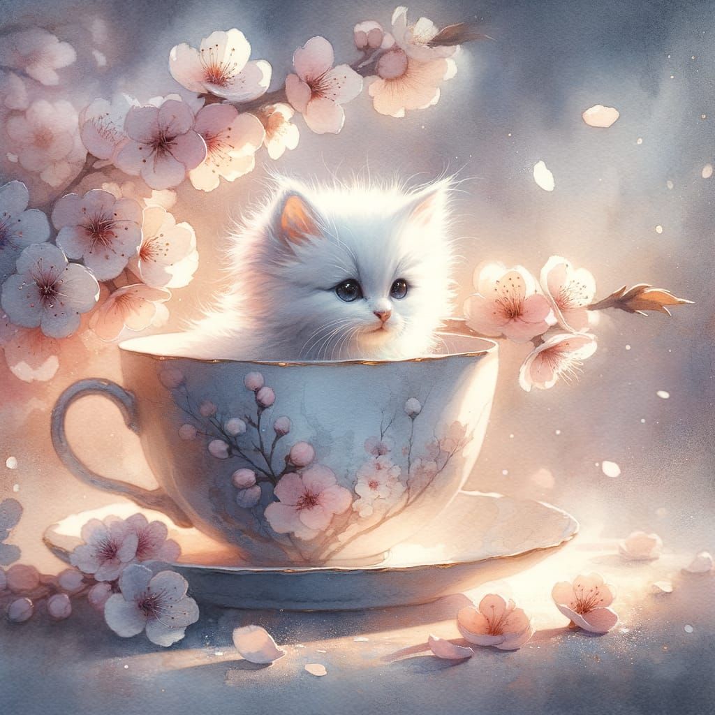 White Kitten in Teacup with Cherry Blossoms