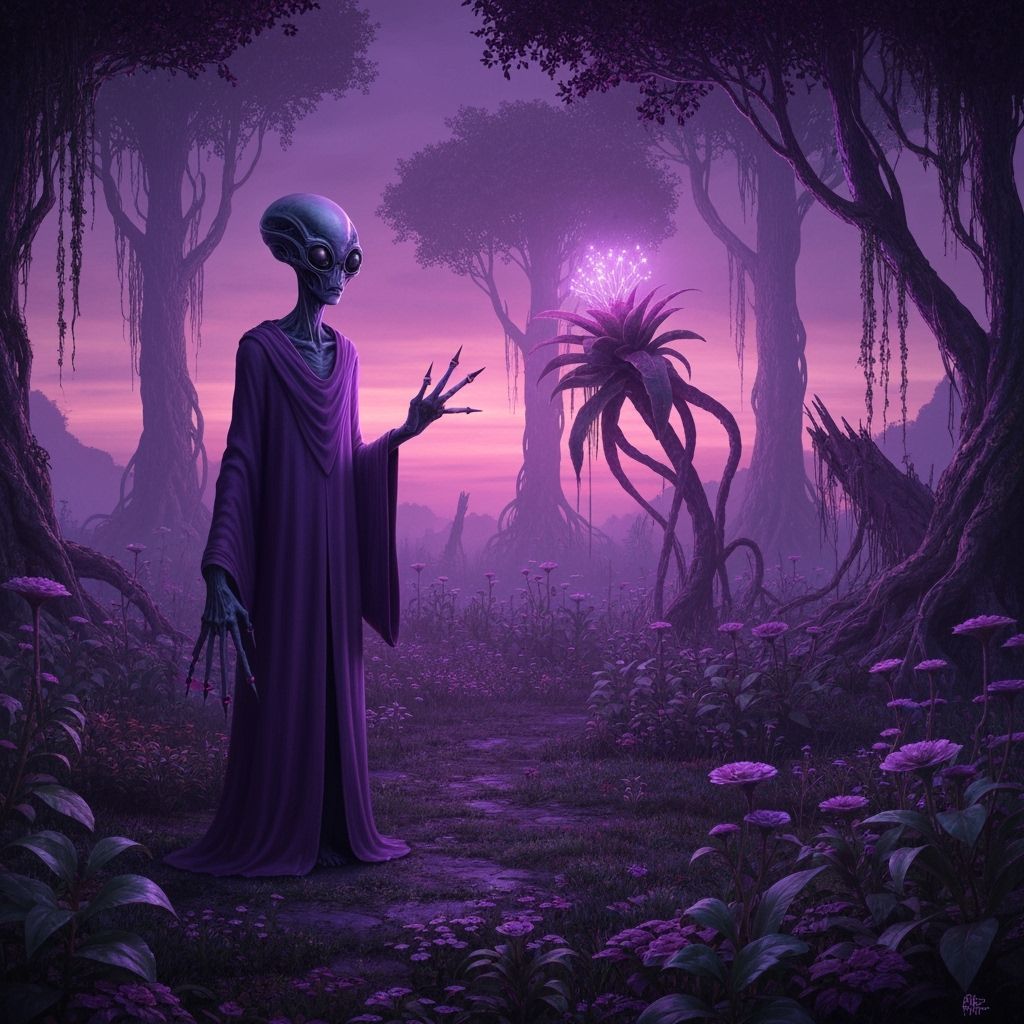 Alien Botanist in Decaying Garden, Hyperrealistic Art