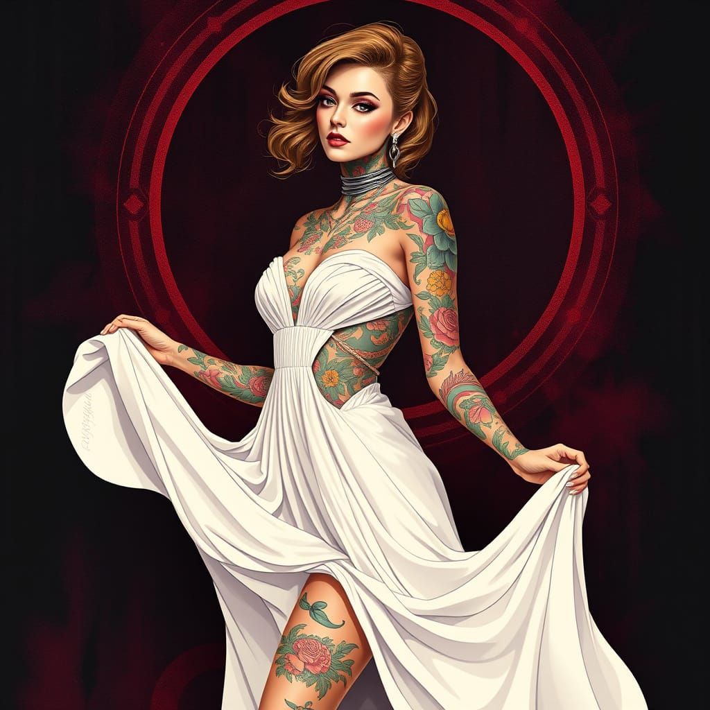 Tattooed Woman in Flowing Dress, Pop-Art Style