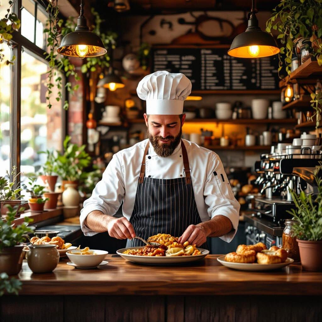 Eclectic Cafe Chef Serving Intestine Dish