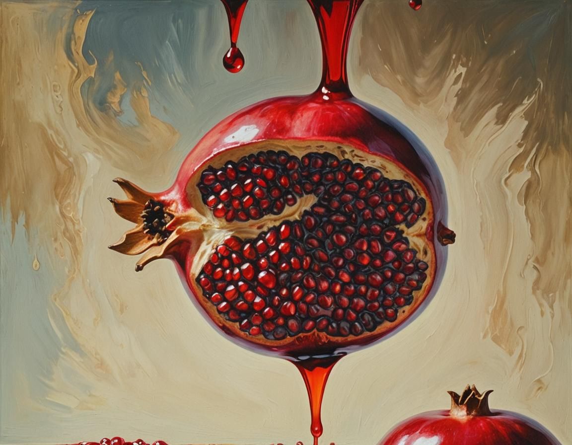 Surreal Pomegranate Melts in Dreamlike Oil Painting