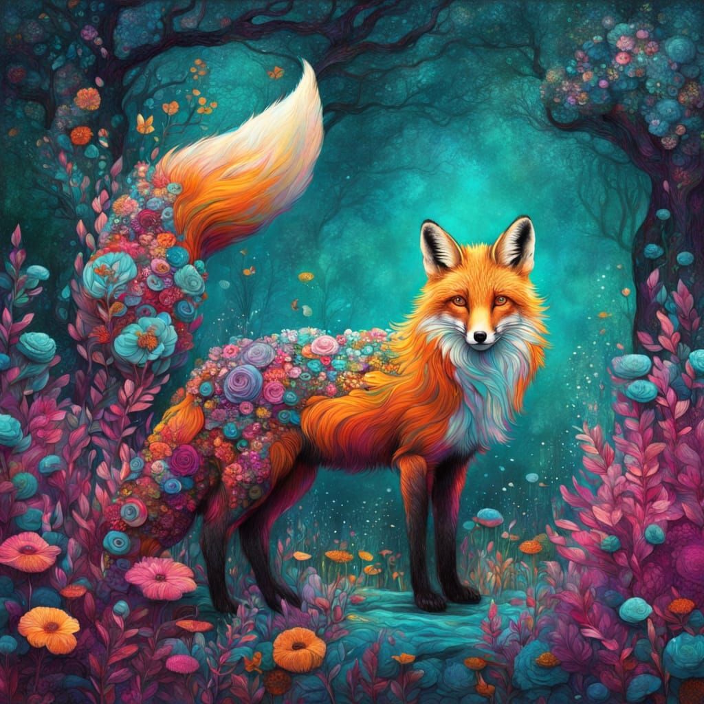 Fox in Magical Forest, Klimt-Inspired Art Nouveau