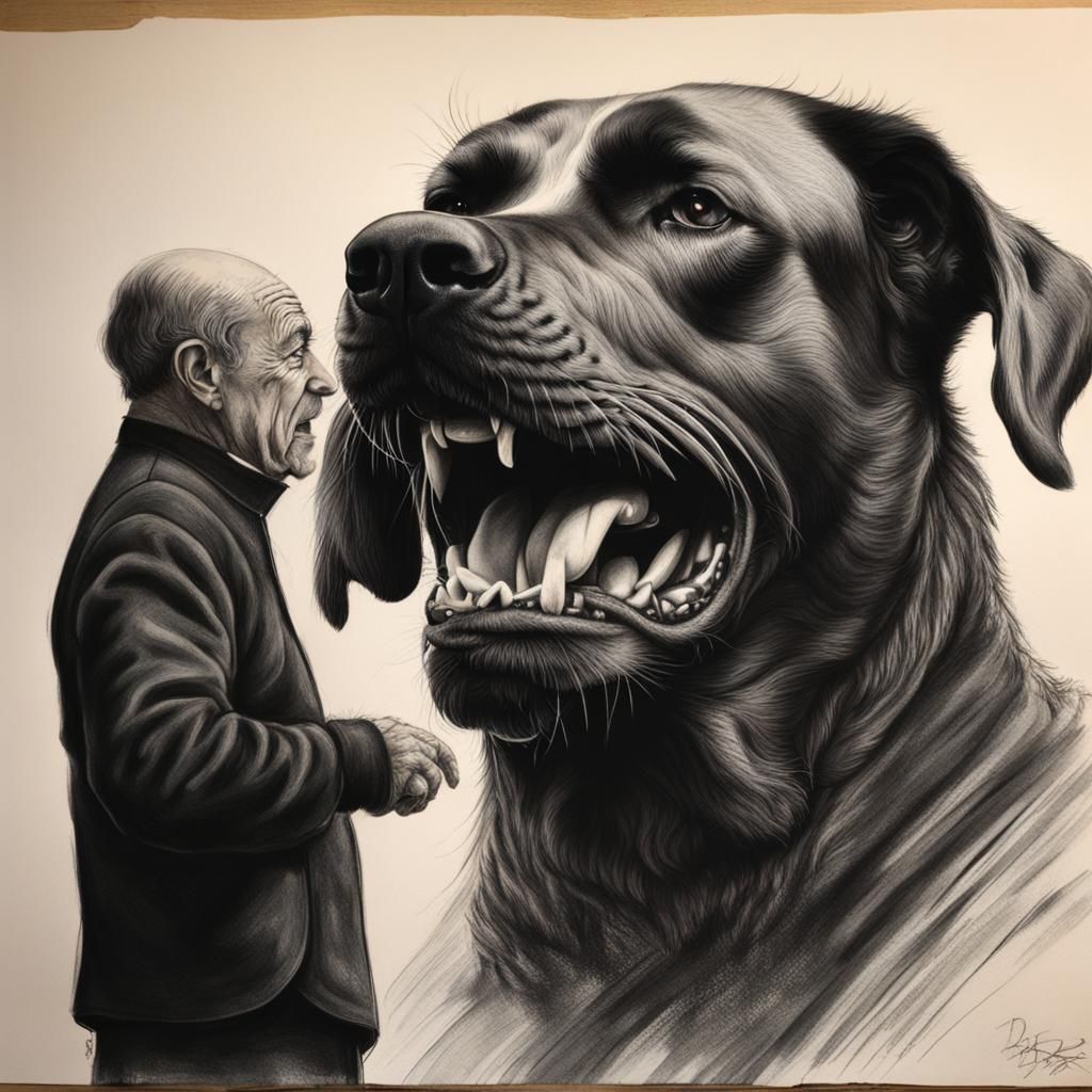 Hyperdetailed Charcoal Drawing of Snarling Black Dog