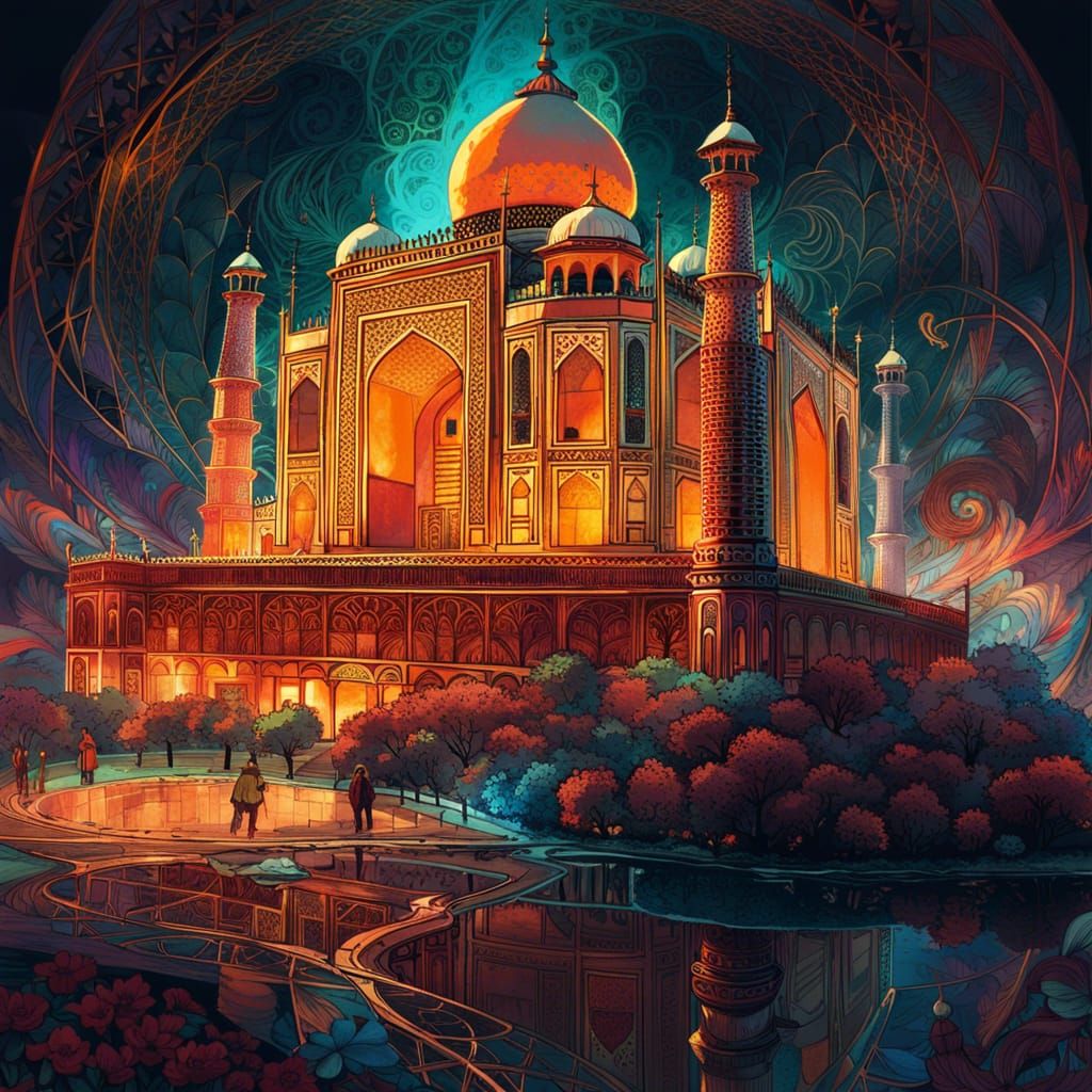 Luminous Taj Mahal Digital Painting with Golden Outlines