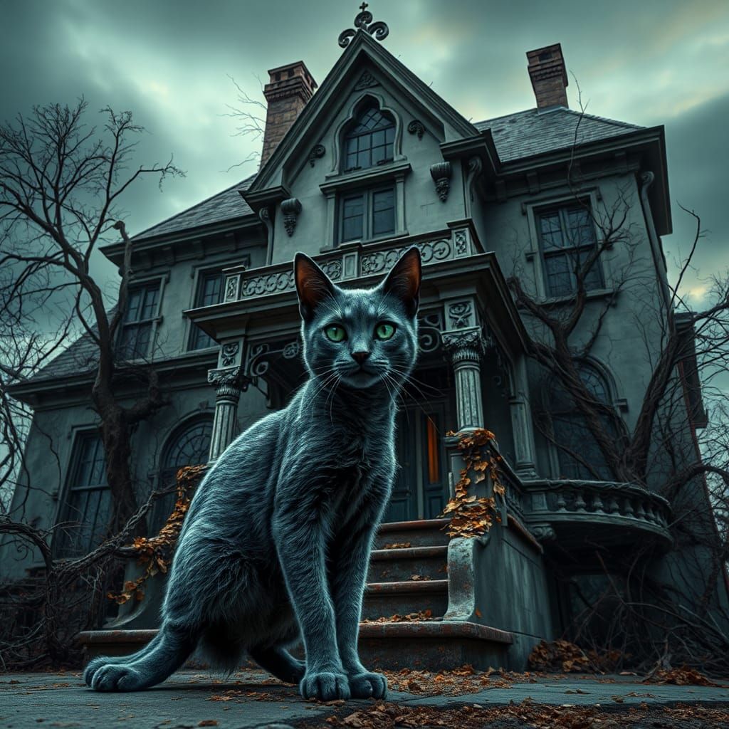 Cat Guarding Haunted House in Matte Painting Style