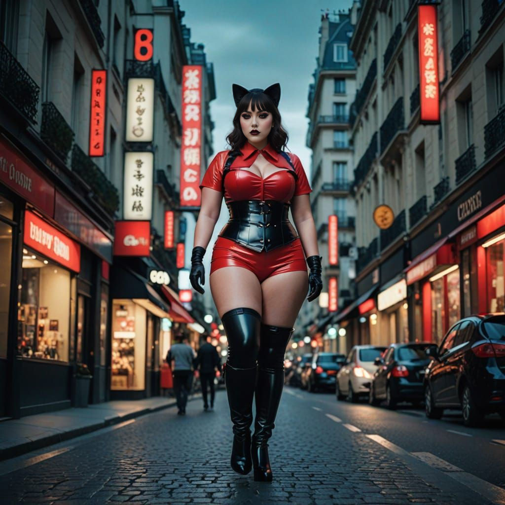 Cat Whoman in Elegant Red Latex Uniform
